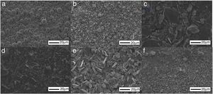 Micrographs of commercial powders used in this work: (a) Ti, (b) Si, (c) coarse graphite (Cc), (d) fine graphite (Cf), (e) SiC and (f) TiC.