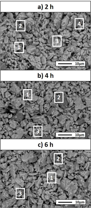 SEM micrographs of powders of the samples Ti:SiC:Cf with a molar ratio of 3:1.5:0.5 heat treated at 1300°C for different holding times: (a) 2h, (b) 4h and (c) 6h.
