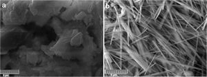 SEM micrographs showing the microstructure of the cured mixture 10% cellulose-22% glass-heated clay (a), and interlocking needle-like zeolite formed in the cured glass-heated clay binary (b).