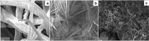 SEM micrographs of the cellulose fibres (a), zeolite particles formed in the cured heated clay (b), and the composite containing 10 mass% cellulose (c).