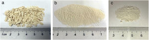 Images of (a) synthesized powder at 800°C for 4h (SP-800°C-4h), (b) SP-800°C-4h-crushed and (c) SP-800°C-4h-milled-2h-1wt.% SA.