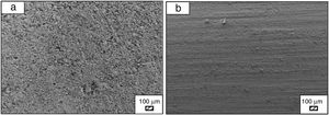 SEM micrographs (SE mode) of the surface of (a) coarse (SP-800°C-4h-crushed) wafer and (b) fine (SP-800°C-4h-milled-2h) wafer before incubation (100×).