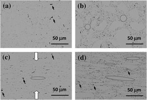 Backscattered scanning electron (BSE) microscopy images from the composites i.p. (a, b) and c.s. (c, d) polished surfaces: (a and c) 1vol%, (b and d) 4vol% BNNS. Compression axis during SPS is indicated in (c) by arrows.