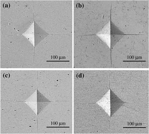 SEM images of the composites i.p. (a, b) and c.s. (c, d) surfaces after Vickers indentation at 9.087N: (a and c) 1vol%, (b and d) 4vol% BNNS.