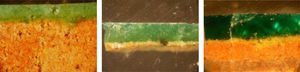 Microfotografías de estratigrafías de cerámicas de color verde con distintos porcentajes de SnO2 (8.76%, 3,44% y ≈ 1%).