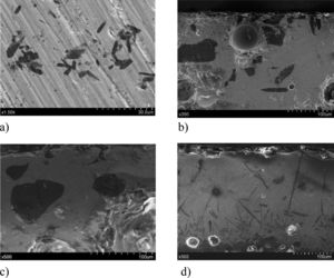Inclusiones e interfases en la fase vítrea. a) Cerámica color melado DR 7 (wollastonita). b) Cerámica color negro DR 8 (SiO2). c) Cerámica color negro ME 16 (SiO2). d) Cerámica color negro V 3 negro.
