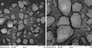 (a) Micrograph of the metakaolinite spray powder. (b) Micrograph of the metakaolinite spray powder – detail.