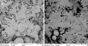 (a) Micrograph of the KP sprayed coatings, surface. (b) Micrograph of the MK sprayed coatings, surface.