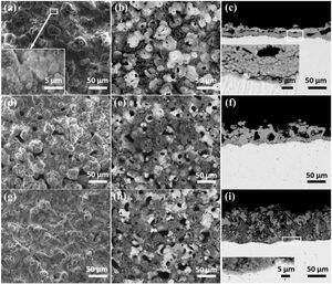 Surface and cross-sectional morphologies of the coatings formed for 1800s in the different concentration of silicate electrolyte: secondary (a, d, g) and backscattered (b–c, e–f, h–i) electron images; (a, b and c) 16g/L Na2SiO3·9H2O+1g/L KOH, (d, e and f) 32g/L Na2SiO3·9H2O+1g/L KOH, (g, h and i) 48g/L Na2SiO3·9H2O+1g/L KOH.
