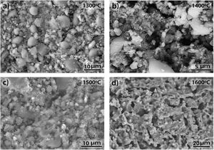 FEM micrographs of the 85–15 CH–AC treated for 2h at different temperatures.