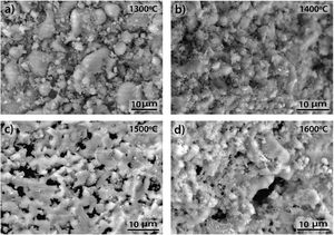 FEM micrographs of the 85–15 CH–AC treated for 10h at different temperatures.