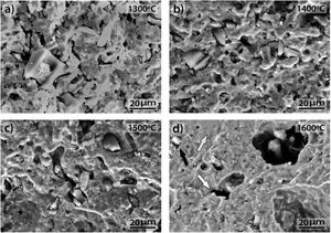 FEM micrographs of the 90/10 CH–AC treated for 2h at different temperatures. Black arrow points to the particles, grey arrow points to the glassy phase and white arrow points to the pores.