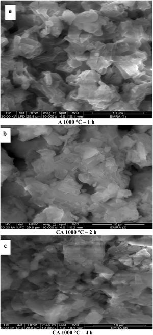 SEM images for CA phase calcined at 1000°C for 1, 2 and 4h in (a, b and c) images respectively and CA phase calcined at 1100̊C for 1h in (d) image.