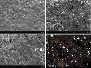 SEM micrographs of ceramics fired at 1100°C with different EP content, and microstructural analysis of the C20A sample taken with polarized microscopy light (APL). P: Porosity, I.o: Iron oxide, Q: Quartz, V: Vitreous phase.
