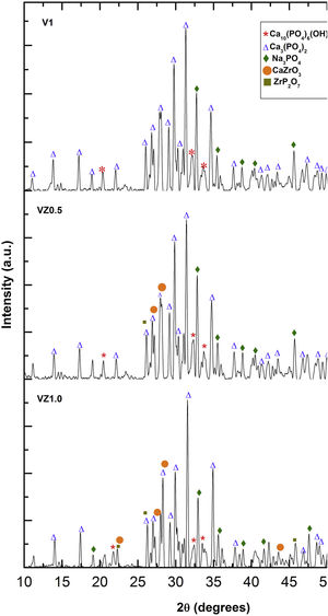 XRD patterns for the V1, VZ0.5, and VZ1.0 scaffolds immersed in SBF for 7 days.
