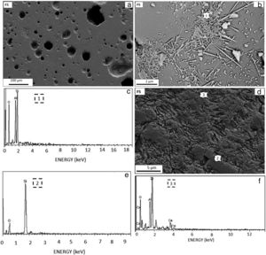 (a) SEM image of the sintered the F5 sample, (b) SEM image of etched the F5 sample, (c) EDX analysis of the region highlighted in (1) region, (d) Different region SEM image of the etched the F5 sample, (e) EDX analysis of the region highlighted in (2) region, (f) EDX analysis of the region highlighted in (3) region.