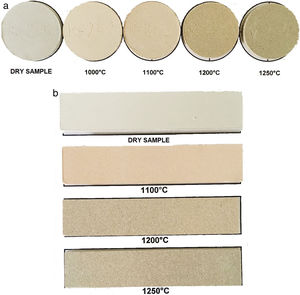 The appereance of the samples: (a) dry-pressed discs (50mm in diameter), and (b) wet-pressed tiles (25mm×120mm).