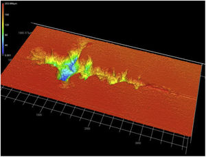 Single crystal surface after scratch test. The load was applied starting from zero on the right side to the maximum 100N on the left side.