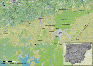 Mapa del Bajo Guadalquivir con los principales asentamientos de la Edad del Hierro. Se resaltan en rojo los casos de Sevilla (Spal) y Carmona (Carmo). El color de la figura solo puede apreciarse en la versión electrónica del artículo.