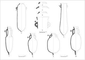 Prototipos de las formas anfóricas correspodientes a las muestras tratadas en el texto: Pellicer D (1), T-8.1.1.2 (5), Dressel 1 (7), Ovoide 6 (8), Ovoide 4 (9), Haltern 70 (10). Dibujo de detalles de las muestras E-04 (2), E-05 (3), E-06 (4) y E-03 (5).