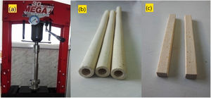 (a) A photograph of a mechanical extruder. (b, c) A photograph of prepared tubular and flat rectangular supports, respectively.