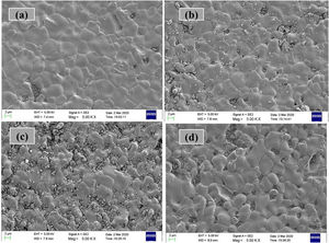FE-SEM micrographs of (a) K-0, (b) K-05, (c) K-10 and (d) K-20 ceramic samples.