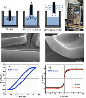 Sol–Gel+Dip-Coating for the obtaining of BiFeO3 thin films. (a) Scheme for the dip-coating process. Reproduced with permission. [105] Copyright 2020, Université de Montpellier. (b) Dip-Coating equipment. (c) and (d) SEM micrographs of the BiFeO3 thin films after two annealing treatments at 500°C/1h in which the chelating agent used was citric acid and polyvinyl alcohol respectively. Reproduced with permission. [115] Copyright 2007, Elsevier. (e) and (f) Ferroelectric hysteresis loops and M–H loops at different temperatures for a BiFeO3 thin film doped with 30% of La3+. Reproduced with permission. [116] Copyright 2016, Trans Tech Publications Ltd.
