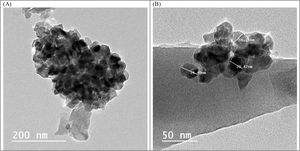 TEM image for the sample BBZ5 with the highest concentration of ZnO (x=20mol.%). (A) Low magnification 200nm, and (B) high magnification 50nm.