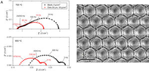 (a) EIS analysis of the unprocessed and patterned symmetrical cells after engraving a square lattice (a=28μm, depth ∼7μm) at 700°C (top) and 900°C (bottom). (b) SEM plan-view image of the YSZ surface of a laser-machined hexagonal arrangement (a=24μm, depth ∼22μm).