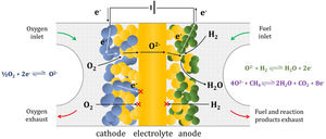 Sketch of an oxide ion conducting solid oxide fuel cell showing the different species conduction to and from the triple phase boundaries at the electrodes. Graphic design by Adrián Robles-Férnandez.