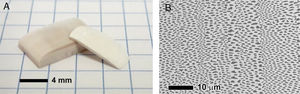 Left: Piece of ZrO2MgO pellet with the laser melted surface (thick sample), with rounded edges. The brownish tinge is an optical effect of the sample microstructure. The thinner slice is the cut and polished solidified layer after acid etching. Right: SEM micrograph of one MgOZrO2 surface melted eutectic sample after polishing the upper surface. The bright phase is MgSZ, the darker one is MgO. Note that the image shown corresponds to a plane parallel to the larger plate surface, at a distance (some tens of microns) from the upper surface.