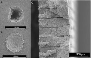 Micrographs of drillings performed in the NiO-YSZ compact substrate (a), and reduced Ni-YSZ cermet substrate (b) [153]. Cross-section micrograph of a general view of the drills performed in a 450μm thick NiO-YSZ compact before sintering (c) [154].