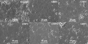 SEM micrographs of conventionally sintered Y2SiO5 ceramics after testing at temperatures from 1200°C to 1400°C, and comparison with the original as-fabricated microstructure. An increase in grain size is observed (quantitative measurements shown in Table 2).