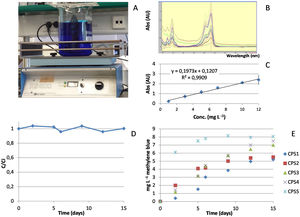 Calibration of ceramic passive samplers with methylene blue indicating: (A) the vessel spiked with methylene blue at 10mg/L with the samplers inside; (B) UV spectra of methylene blue where different colors indicate different concentrations in the calibration curve and in the tests performed; (C) calibration curve over a concentration range of 1–12mg/L that is used to calculate the concentration and diffusivity; (D) stability of methylene blue in water over the period of 15 days during which calibration is performed and (E) calibration curves obtained for 5 passive samplers ranging from low (CPS 1) to high porosity (CPS 5).
