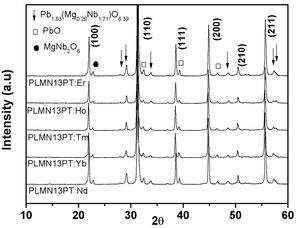 XRD patterns of PLMN-13PT:RE powders at room temperature.