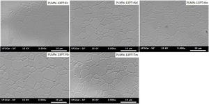 SEM image of surfaces polished and thermally attacked of PLMN-13PT:RE ceramic at room temperature.