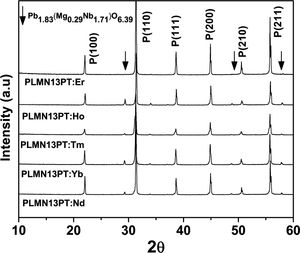 XRD patterns of PLMN-13PT:RE powders at room temperature.