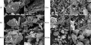 Micrografías MEB de los residuos. a) y b) CF, c) y d) CFm, e) y f) RC, g) y h) RCm, i) y j) RCd y k) y l) RCdm.