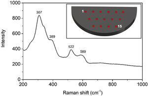 Averaged Raman spectrum of the FAST-sintered sample recorded in the range from 200 to 1000cm−1 at fifteen measuring points distributed over the sample surface. The insert shows a schematic overview of the measuring points distribution on the sample surface.