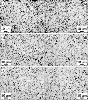 SEM images of the polished and etched cross-section areas of the sintered specimens uniaxial pressed at 50 (a), 75 (b), 100 (c), 150 (d), 200 (e) and 300MPa (f) (T=1100°C and t=30min).
