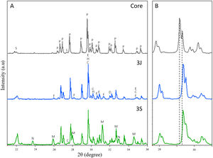 (A) The XRD patterns of the core and scaffolds 3J and 3S. (B) Details of the principal peaks. P: Ca2P2O7, S: SiO2, L: Li(PO3), H: Mg2P2O7, F: Ca9.333Fe1.167(PO4)7, M: Ca10.115Mg0.385(PO4)7, E: Ca0.1Fe0.6Mg1.3(SiO3)2, C: Ca0.90Mg0.71Fe0.25(SiO3)2, D: Ca1.65Sr0.35(SiO4), N: CaLi(PO4).