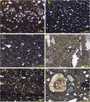 Microfotografías de láminas delgadas de las muestras analizadas, representando los grupos petrográficos identificados. a) Grupo 1, muestra TRL-10. b) Grupo 2, muestra TRL-06. c) Grupo 3, muestra TRL-08. d) Muestra TCR-12, desagrupada. e) Muestra TCR-09, desagrupada. f) Muestra BFC-01, desagrupada.
