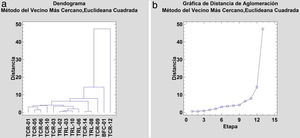 (a) Dendrograma final con los resultados de FRX de todas las muestras. Método del «vecino más cercano, distancia euclidiana (o euclídea) al cuadrado». b) Gráfica de distancia de aglomeración. Método del «vecino más cercano, distancia euclidiana (o euclídea) al cuadrado».