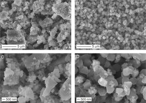 SEM images of Li6PS5Cl obtained by two-step liquid phase process: (a) and (c) without surfactant and, (b) and (d) with 0.1wt% surfactant.