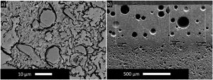Microstructural images of the standard sample (STD_POS) (a) surface image b) cross-sectional area image.