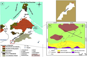 (a) Index map showing the geology and location of the main bentonite deposits in the Nador region (ONHYM, 2005). (b) Geological map extracted from the geological map of Zghenghen at 1/50,000 (modified) (Ministère de l’Energie et des Mines Direction de la Géologie Editions du Service Géologique du Maroc, Notes et Mémoires N°370 map published in 1996).