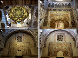 Mosaics in situ: (a) the dome of the entrance hall of the Miḥrāb; (b) the Miḥrāb chamber; (c) Bāb Bayt al-Māl chamber; (d) Sābāṭ chamber.