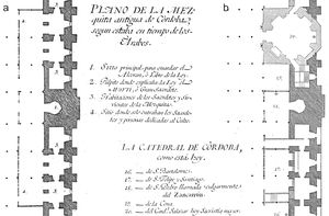 Plans of the Great Mosque of Córdoba (a) original, and (b) around 1804. Legend: 1. Main place to keep the Quran or Book of the Law; 2. Pulpit where the Mufti, or high Priest, explained the Law; 3. Rooms of the priests and servants of the Mosque; 4. Place accessed only by priests and people dedicated to worship. 16. Chapel of Saint Bartholomew; 17. Chapel of Saint Philip and Santiago; 18. Chapel of Saint Peter, commonly known as Zancarrón; 19. Chapel of the Last Supper; 20. Chapel of Cardinal Salazar, currently Main Sacristy.