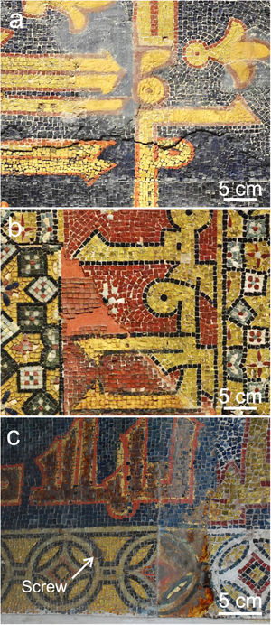 Different interventions in the mosaics: (a) painted mortar, (b) painted mortar with restoration tesserae, (c) painted mortar and modern tesserae on a plaque fixed with screws. The exact location of these interventions is shown in Fig. 6.