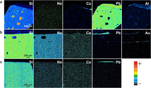 PIXE maps (a) original tessera painted with white lead and green aluminosilicates (MAQ O 03), (b) original gold-leaf tessera with a preparation layer and a second gold leaf (MAQ C 34), (c) modern painted tessera (MAQ O 05).